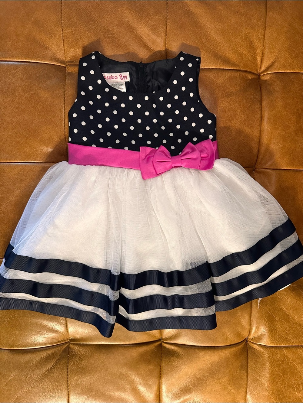 Jessica Ann Navy Polka Dot & White Tulle Dress with Hot Pink Bow